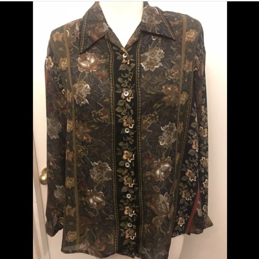 Jessica Lynn. 1X. Semi Sheer.Long Sleeve Blouse, Bust 43". Faux Needlepoint.B7
